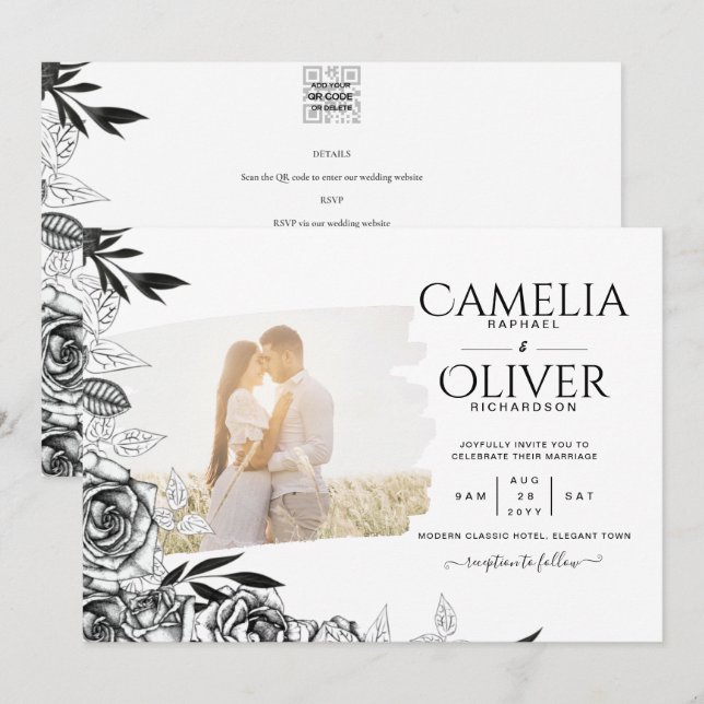 LeahG Black White Roses Photo Overlay Wedding Invitation (Front/Back)