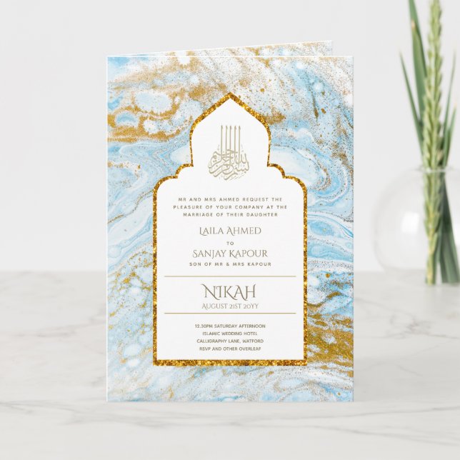 LeahG Blue Islamic Muslim Wedding Invites Nikah (Front)