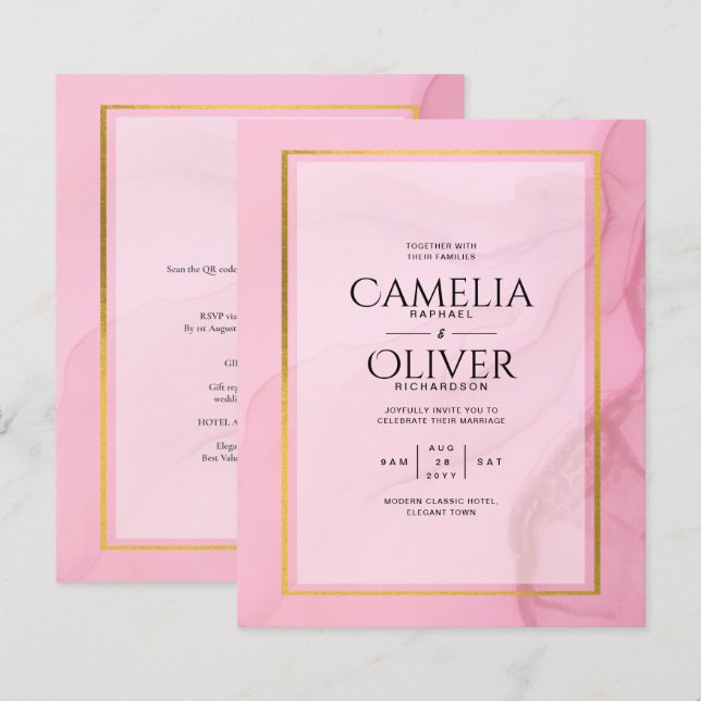 LeahG Blush Pink Gold INK Ombre Wedding INVITE (Front/Back)