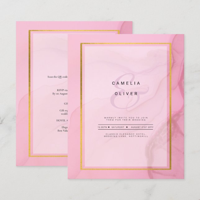 LeahG Blush Pink Gold INK Ombre Wedding INVITE (Front/Back)