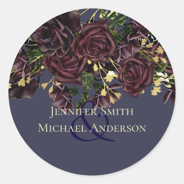 LeahG BUDGET Dark PLUM Roses Wedding Classic Round Sticker (Front)