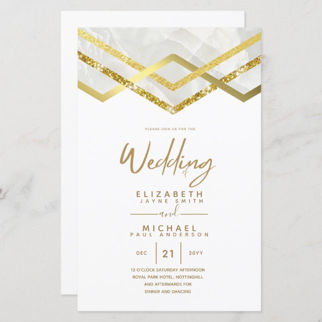 LeahG Budget DECO Silver Gold Wedding Invite (Front/Back)