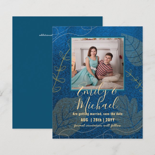 LeahG Budget PHOTO Save Date Navy Gold Leaves (Front/Back)