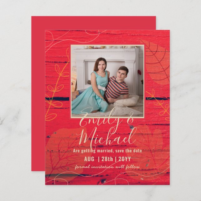 LeahG Budget PHOTO Save Date Red Gold Leaves (Front/Back)