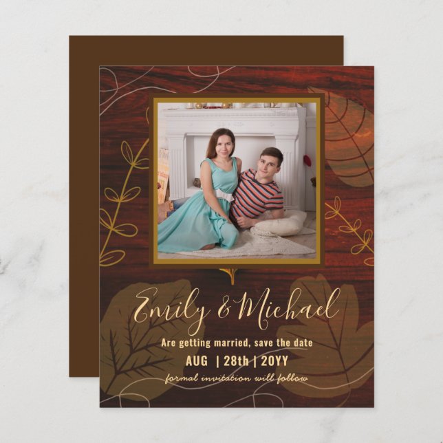 LeahG Budget PHOTO Save Date Rustic Leaves (Front/Back)