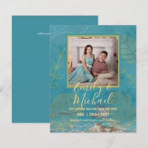 LeahG Budget PHOTO Save Date Teal Gold Leaves