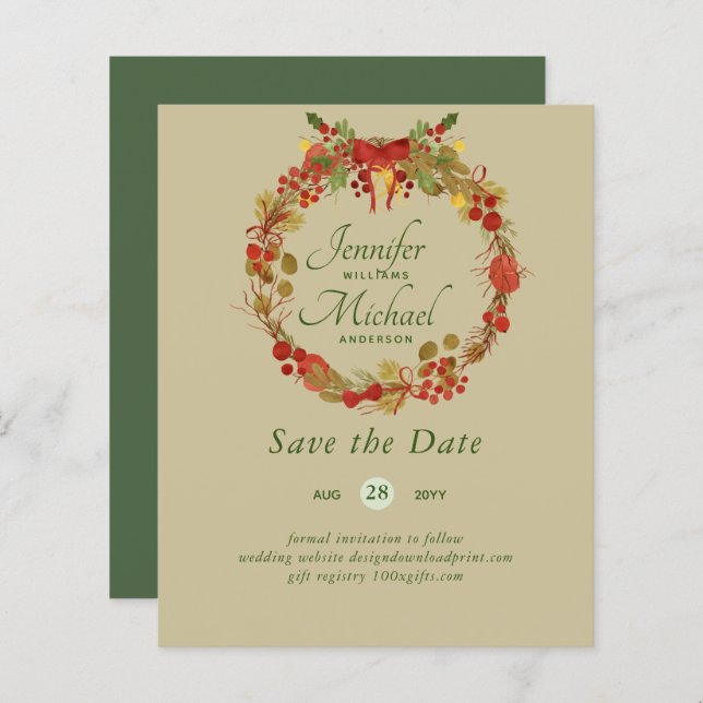 LeahG BUDGET Save Dates Red Rustic Festive Wreath (Front/Back)