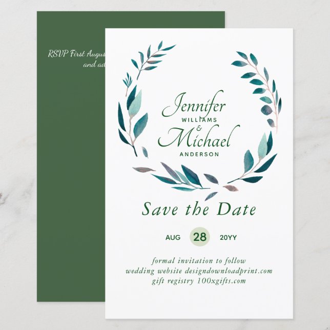 LeahG BUDGET Save Dates Turquoise Teal Wreath (Front/Back)