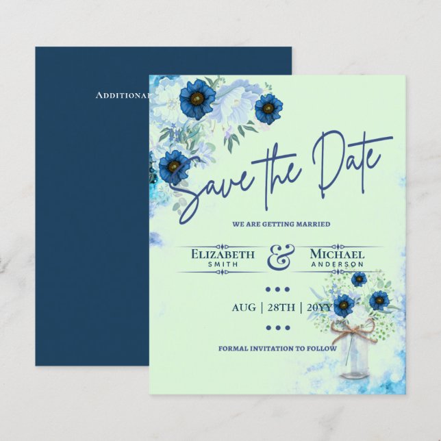 LeahG BUDGET Save The Date Blue Mint Florals (Front/Back)