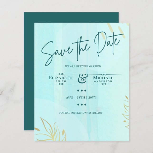 LeahG BUDGET Save The Date Teal Gold Abstract (Front/Back)
