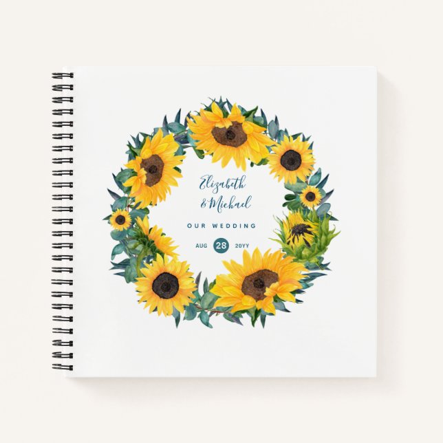 LeahG Budget Sunflowers Wreath Wedding Guestbook Notebook (Front)