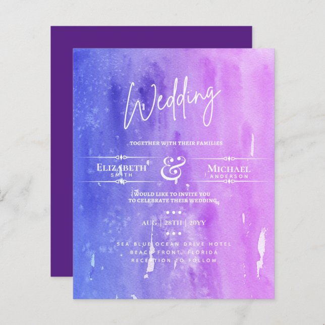 LeahG BUDGET Wedding Invite Purple  Watercolor (Front/Back)