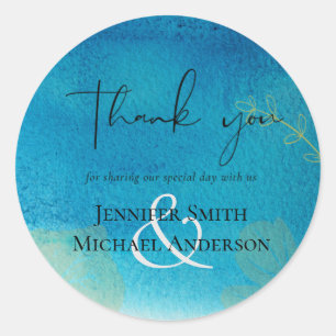 LeahG BUDGET Wedding Ocean Blue Watercolor Classic Round Sticker