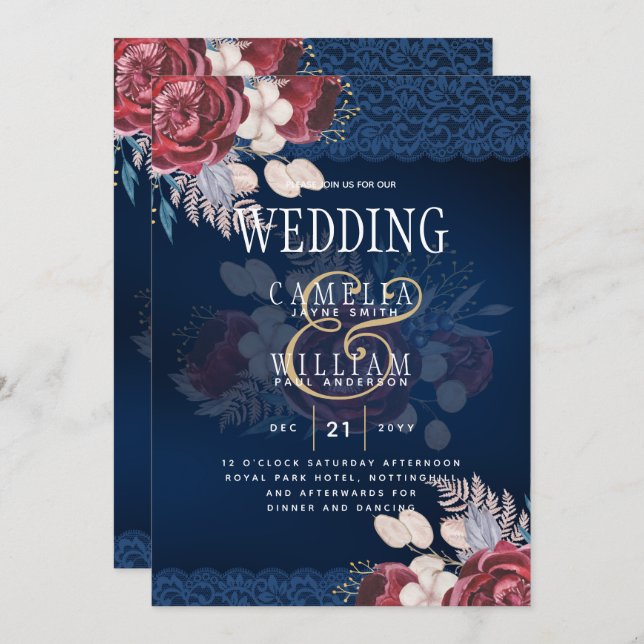 LeahG Burgundy Blue Roses Lace Fall Wedding Invite (Front/Back)