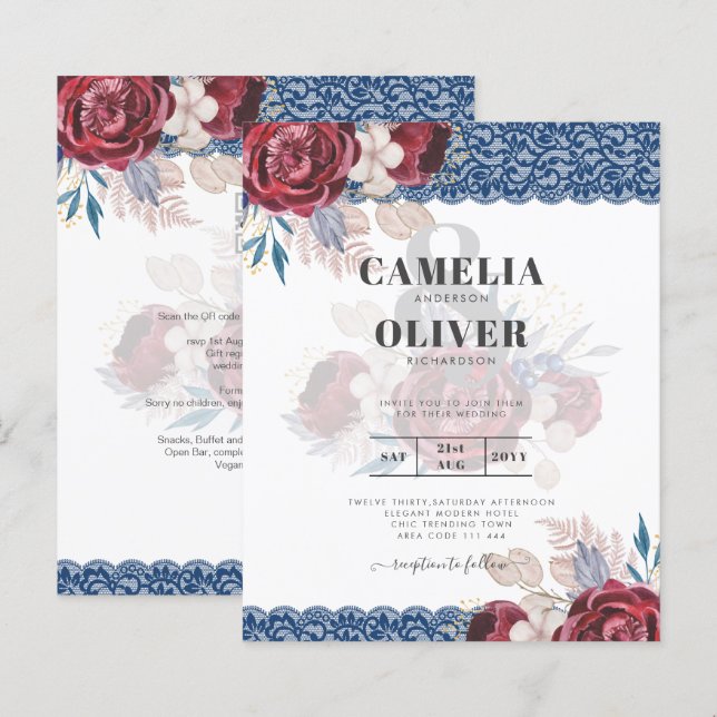 LeahG Burgundy Blue Roses Lace Fall Wedding Invite (Front/Back)