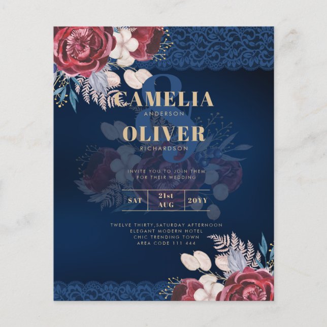 LeahG Burgundy Blue Roses Lace Fall Wedding Invite Flyer (Front)
