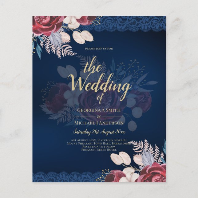 LeahG Burgundy Blue Roses Lace Fall Wedding Invite Flyer (Front)