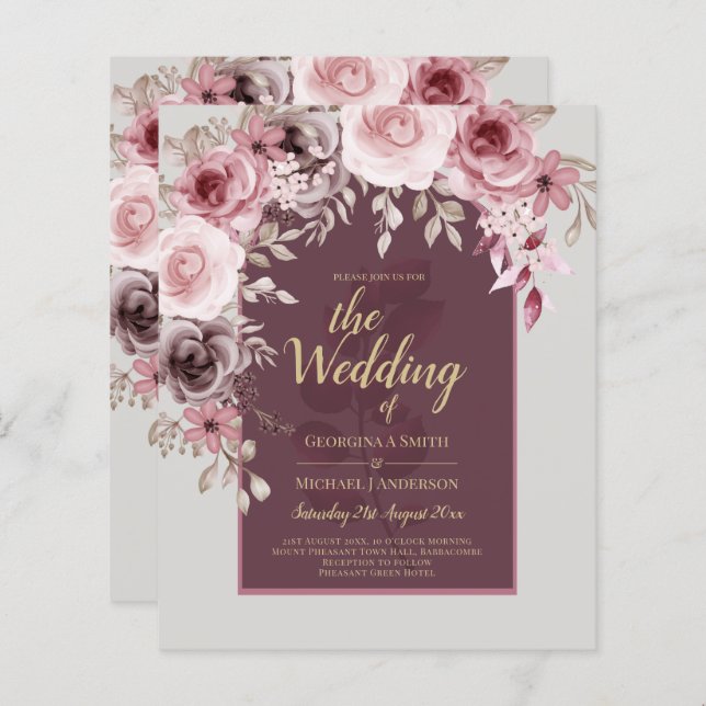 LeahG Burgundy Blush Pink Roses Fall Wedding Inv. (Front/Back)