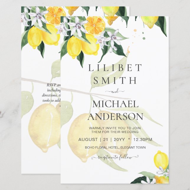 LeahG Citrus Lemons Budget Wedding Invite Yellow (Front/Back)