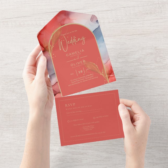 LeahG Coral Navy Blue Gold INK Wedding INVITE (Tearaway)
