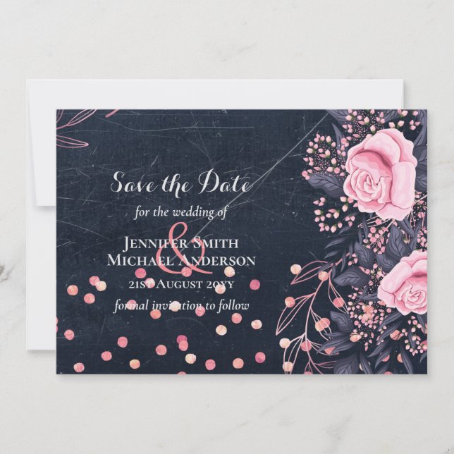 LeahG Denim Blue Rosegold Pink Floral Wedding (Front)