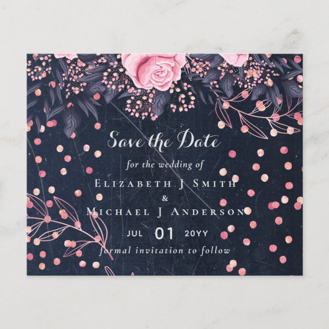 LeahG Denim Blue Rosegold Pink Floral Wedding Flyer (Front)