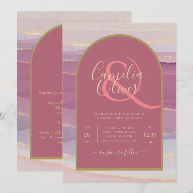 LeahG Dusty Rose Lavender Gold Wedding Invitation (Devant / Derrière)