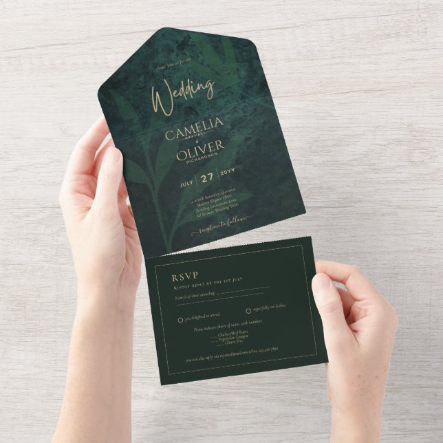 LeahG Emerald Forest Green Gold Wedding Invitation (Déchirure)