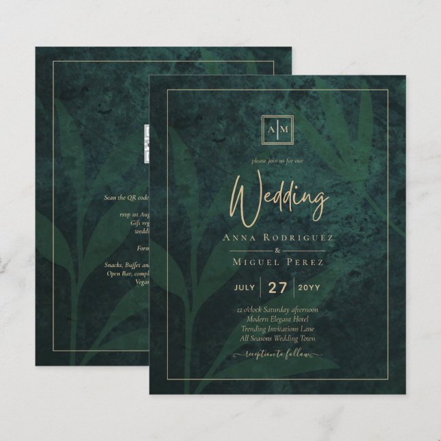LeahG Emerald Forest Green Gold Wedding Invite (Front/Back)