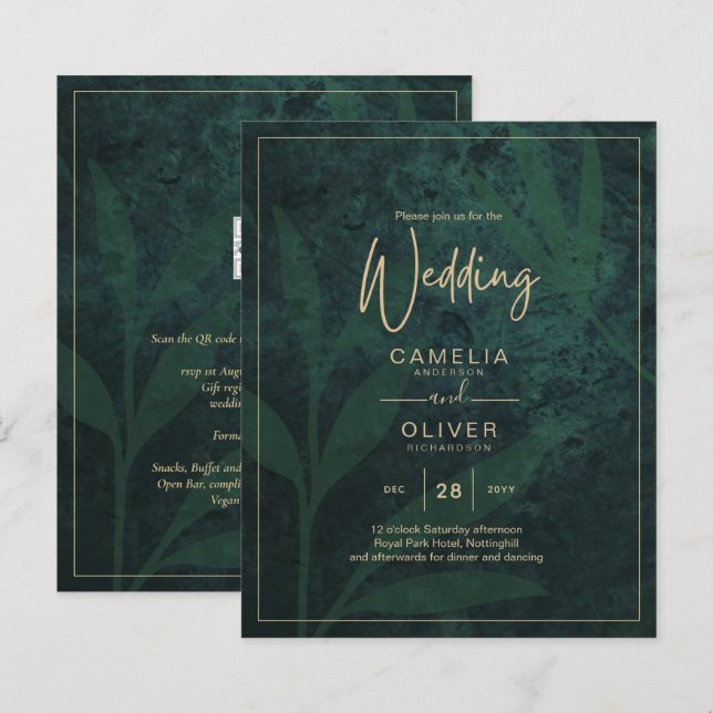 LeahG Emerald Forest Green Gold Wedding Invite (Front/Back)