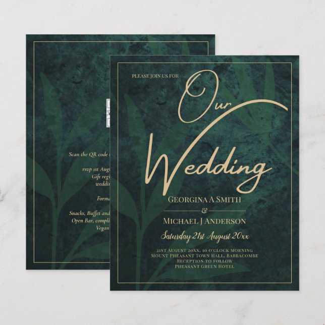 LeahG Emerald Forest Green Gold Wedding Invite (Front/Back)