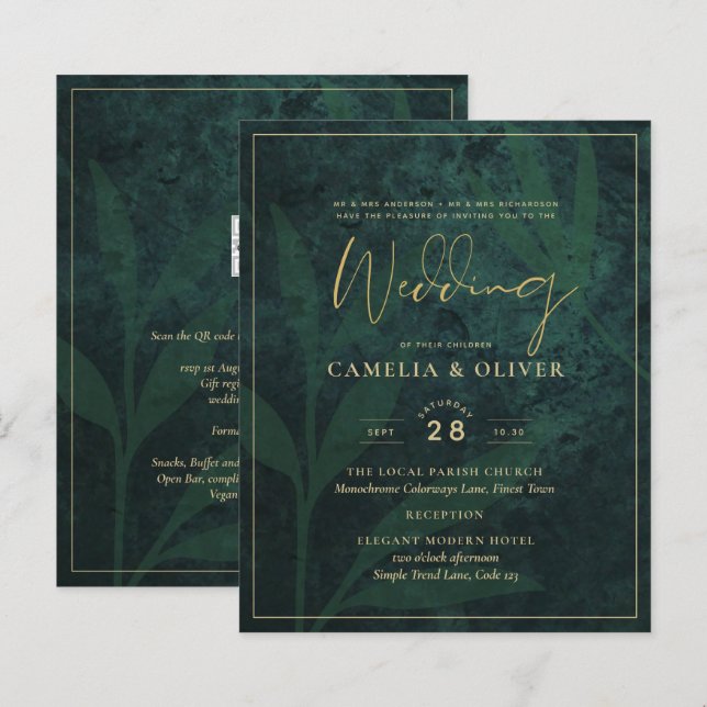 LeahG Emerald Forest Green Gold Wedding Invite (Front/Back)