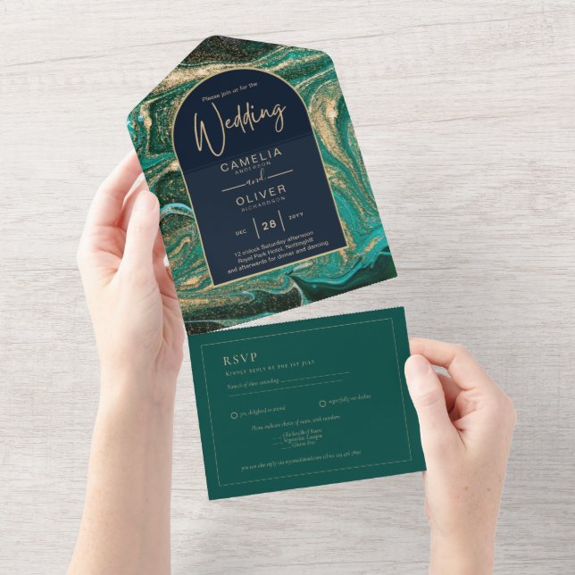 LeahG Emerald Green Gold Agate Mariage Invitation (Déchirure)