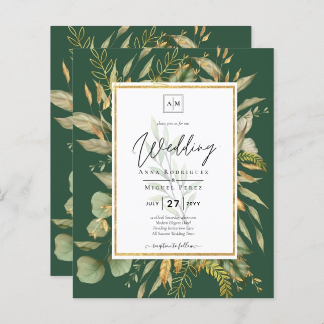 LeahG Emerald Green Greenery Wedding Invite (Front/Back)