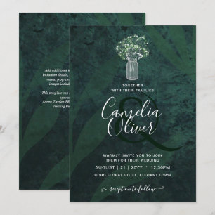 LeahG Emerald Green Gypsophila Mason Jar Wedding Invitation