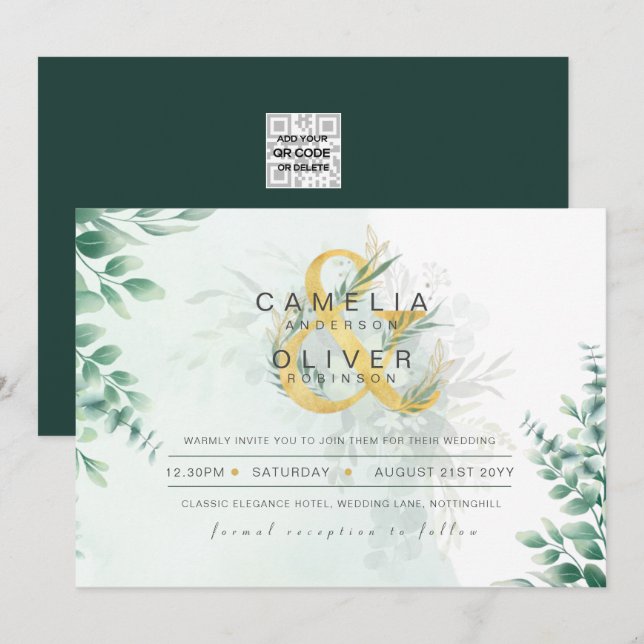 Leahg Eucalyptus Greenery Gold Wedding QR CODE IN Invitation (Front/Back)