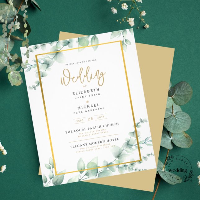 LeahG Eucalyptus Greenery Gold WEDDING QR CODE Inv (Creator Uploaded)