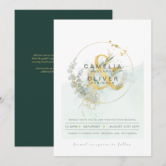 LeahG Eucalyptus Greenery Gold Wedding QR CODE INV Invitation (Front/Back)