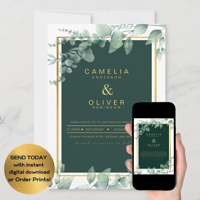 LeahG Eucalyptus Greenery Gold WEDDING QR CODE Inv Invitation (Creator Uploaded)