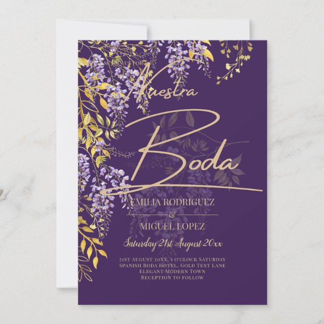 LeahG Faire-part de mariage floral WISTERIA or pou (Devant)
