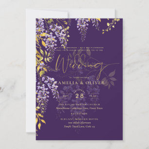 LeahG Faire-part de mariage floral WISTERIA or vio