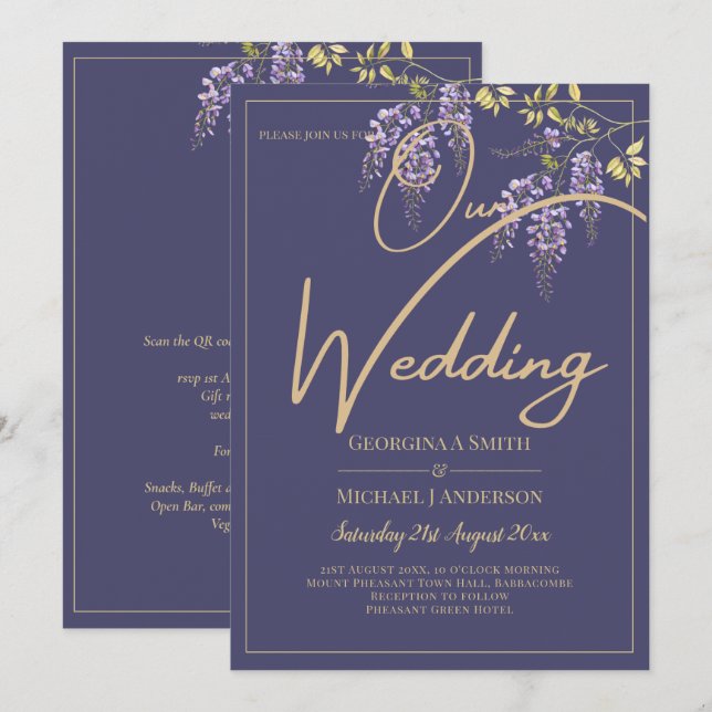 LeahG Faire-part de mariage floral WISTERIA or vio (Devant / Derrière)