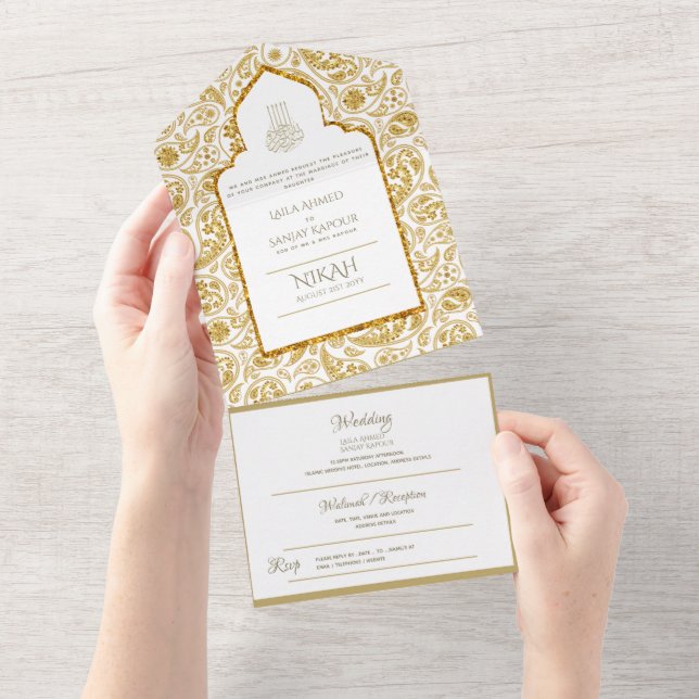 LeahG Gold Paisley Islamic Muslim Wedding Invite (Tearaway)