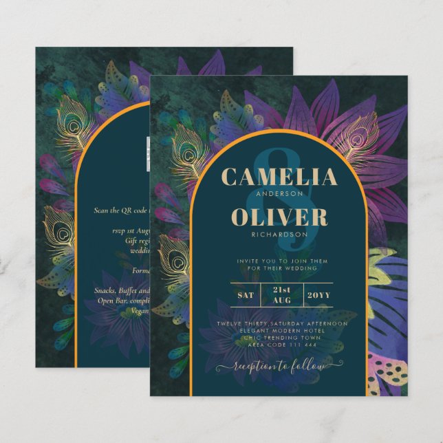 LeahG Green Purple Gold JEWEL TONES Wedding INVITE (Front/Back)