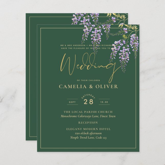 LeahG Green Purple WISTERIA Wedding INVITE (Front/Back)