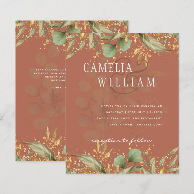 LeahG Greenery Gold Wedding Invite MANY COLORS (Front/Back)