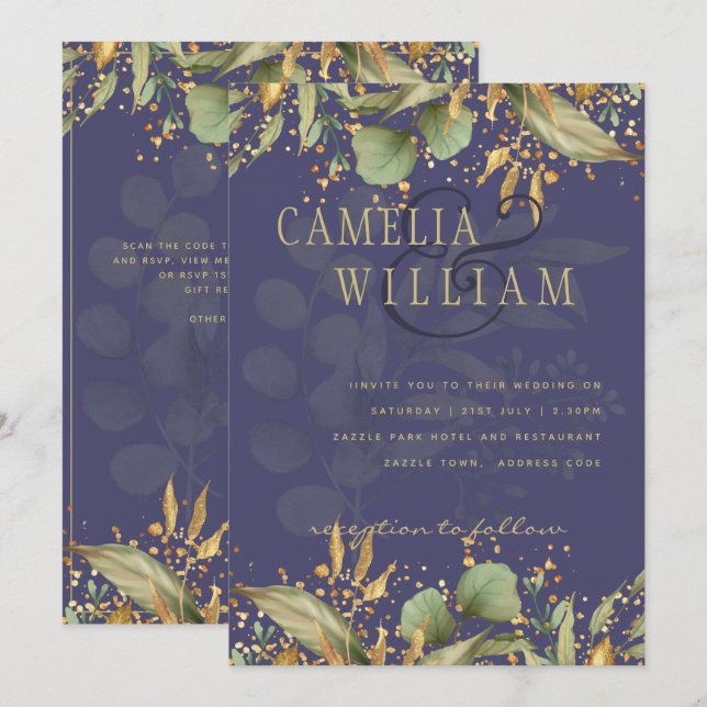 LeahG Greenery Gold Wedding Invite MANY COLORS (Front/Back)