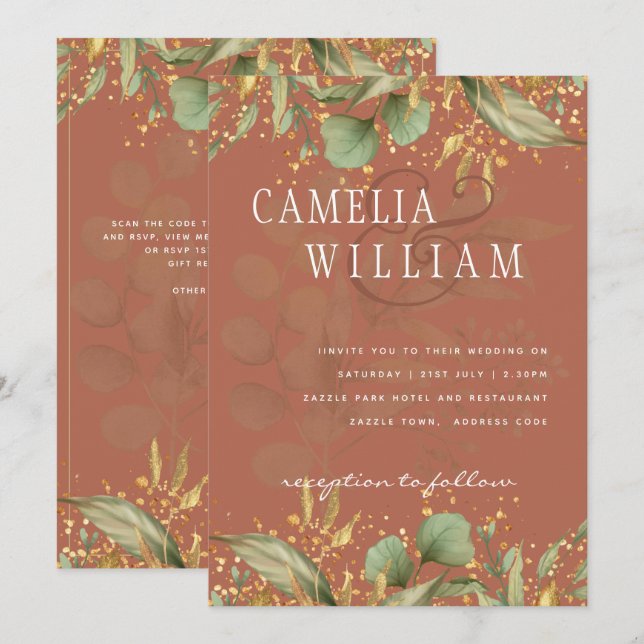 LeahG Greenery Gold Wedding Invite MANY COLORS (Front/Back)