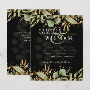 LeahG Greenery Leaves Black Gold Wedding Invite