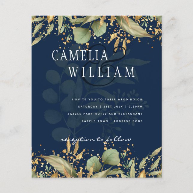 LeahG Greenery Leaves Blue Gold Wedding Invite Flyer (Front)